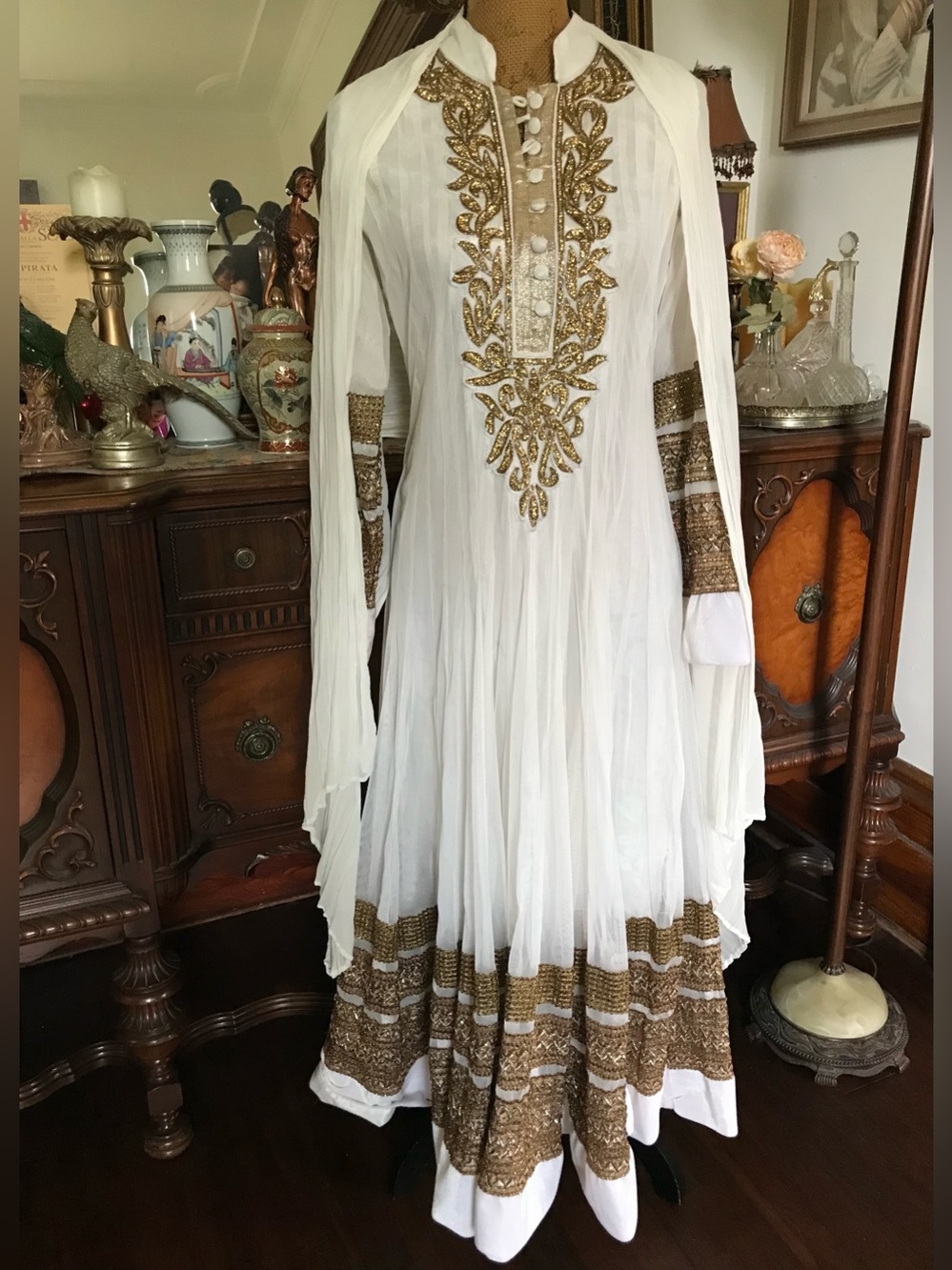 Vintage Exotic Eastern Boho Gypsie  Princess Gold Embellished Dress & Shawl Set